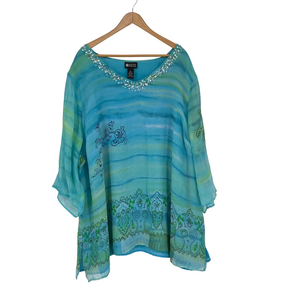 Maggie Barnes 100% Silk Beaded Embellished Blue Green Paisley Print Top‎ Size 4X